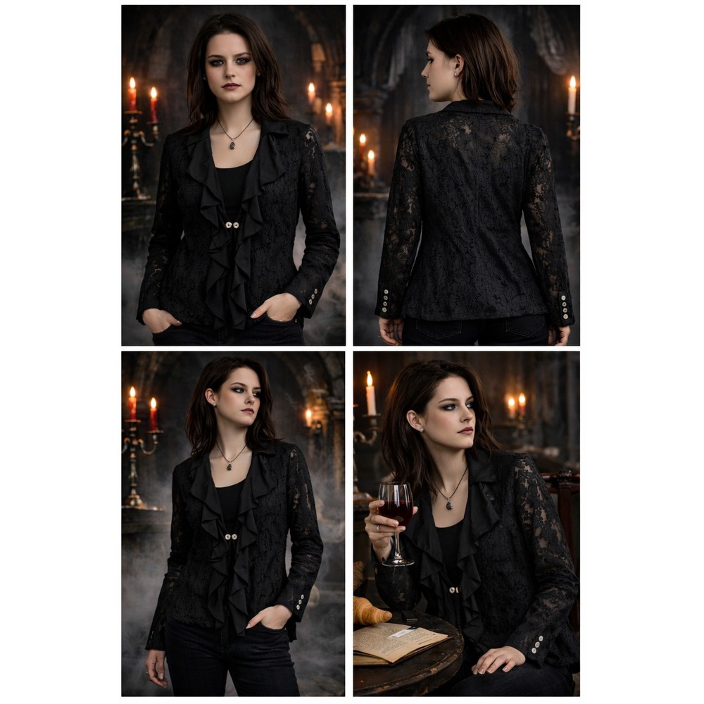 Free People Jacket Womens 6 Black Lace Ruffle Victorian Boho Romantic Bella Swan